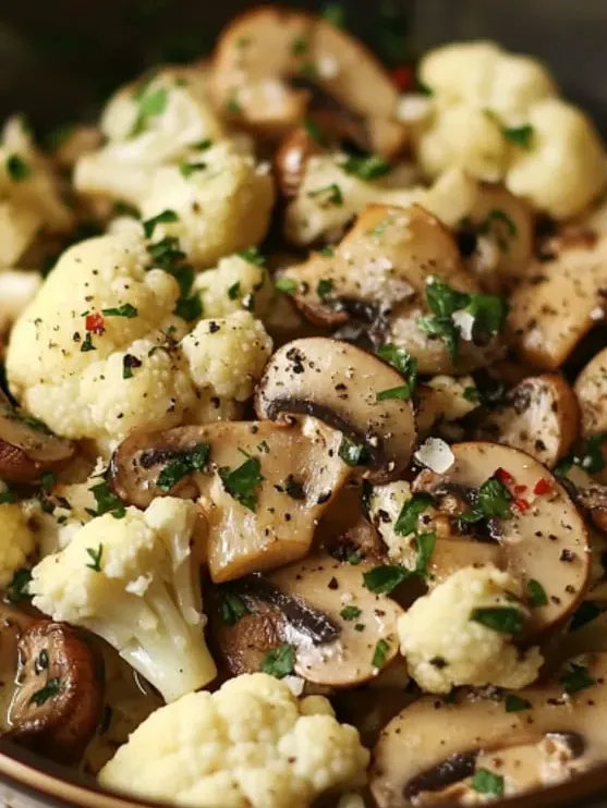 Close up view of mushrooms and cauliflower.