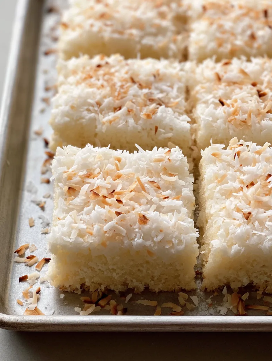 Squares of coconut cake on a tray.