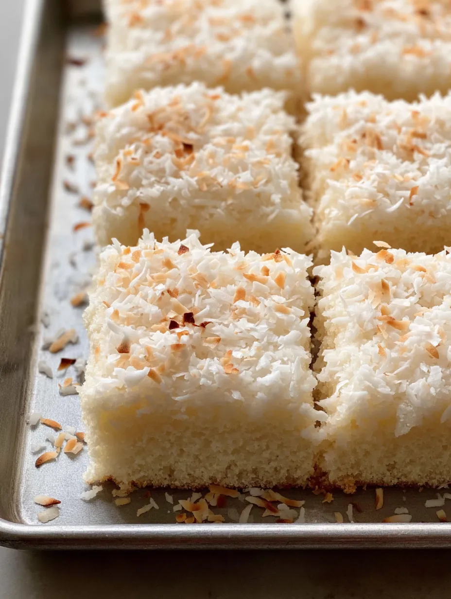 A tray filled with coconut-topped cake squares.