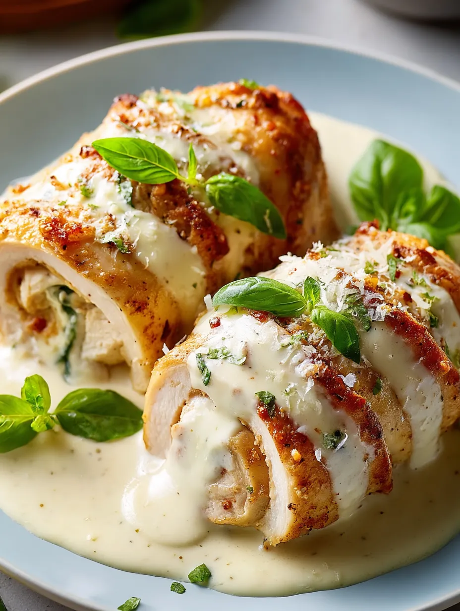 Chicken with sauce and herbs.