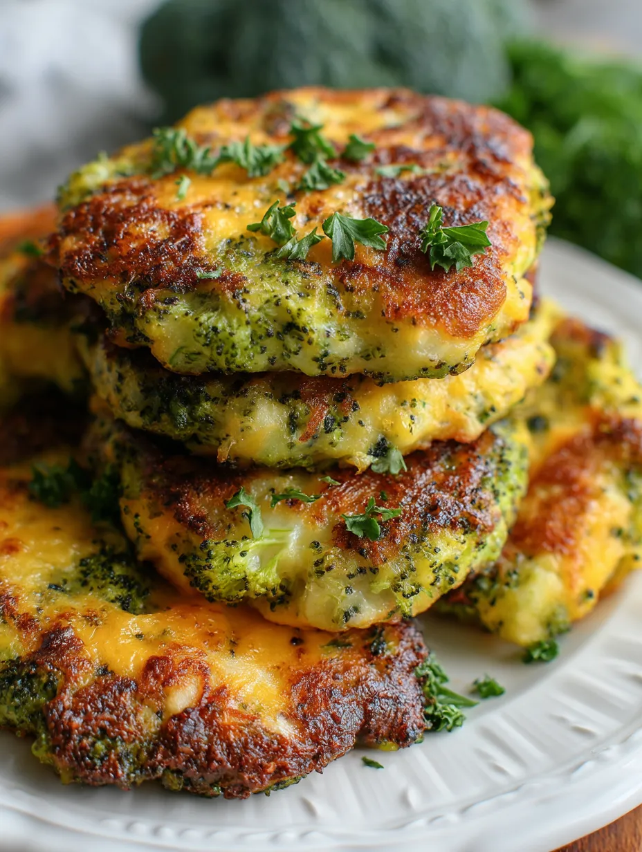 Three pancakes stacked high with broccoli scattered on top.