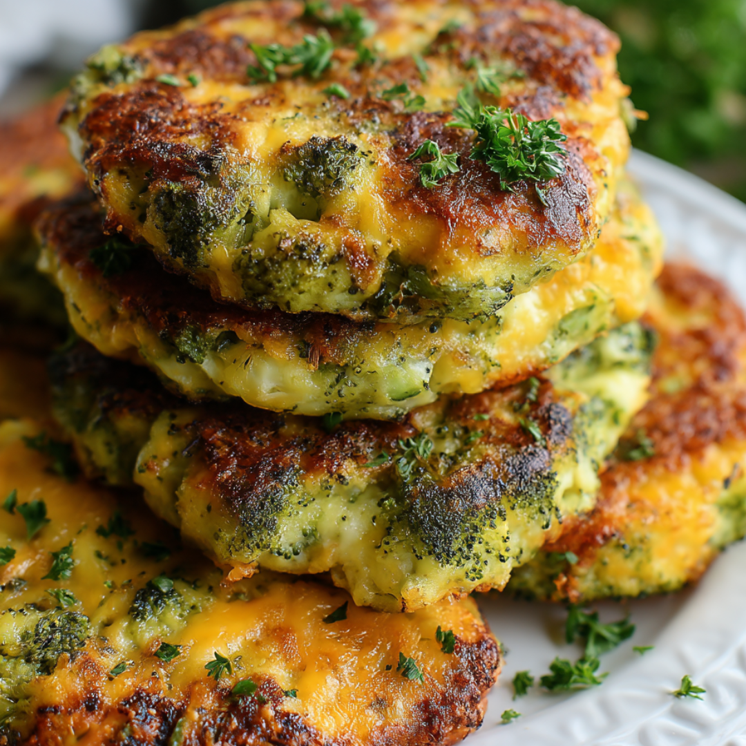 Three broccoli patties stacked up on a dish.