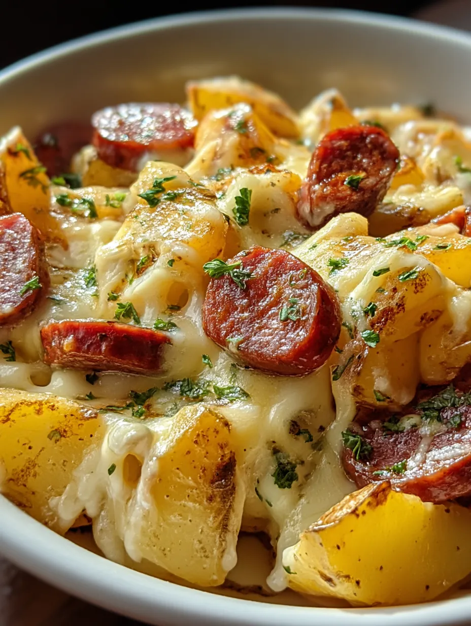 A plate stacked with golden sausage and roasted potatoes.