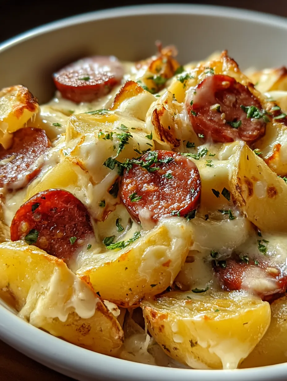 A bowl loaded with potatoes, smoky sausage, and melty cheese.