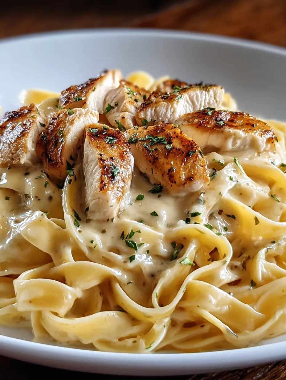 A plate of pasta with chicken on top.