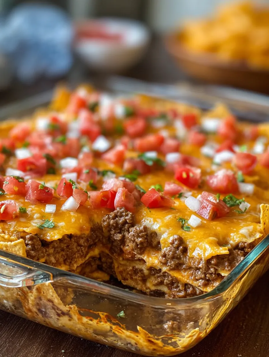 Loaded cheesy nachos with toppings in a serving dish.