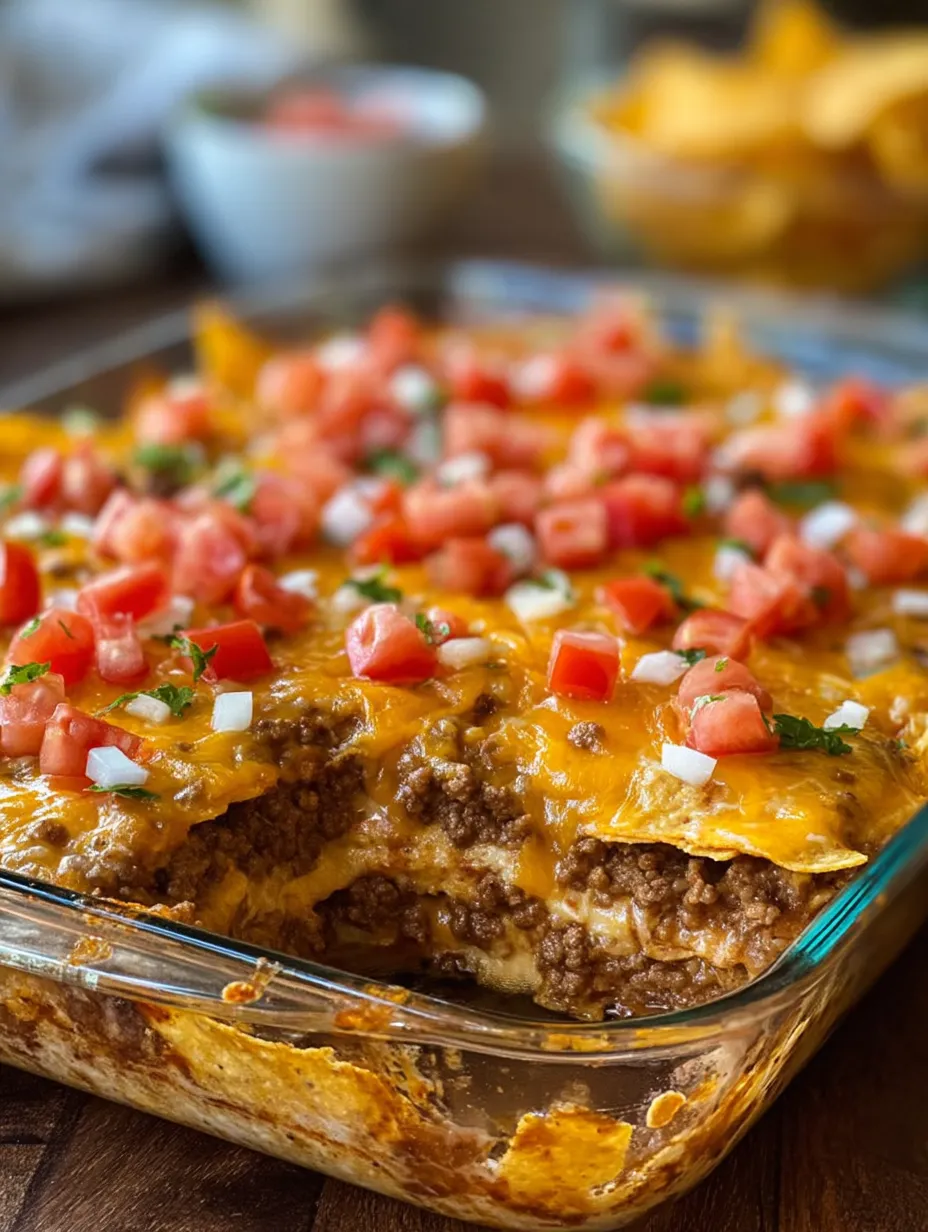A bubbling casserole covered in melted cheese and fresh toppings.
