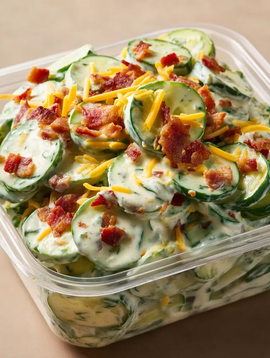 A container of bacon and cheese cucumber salad.