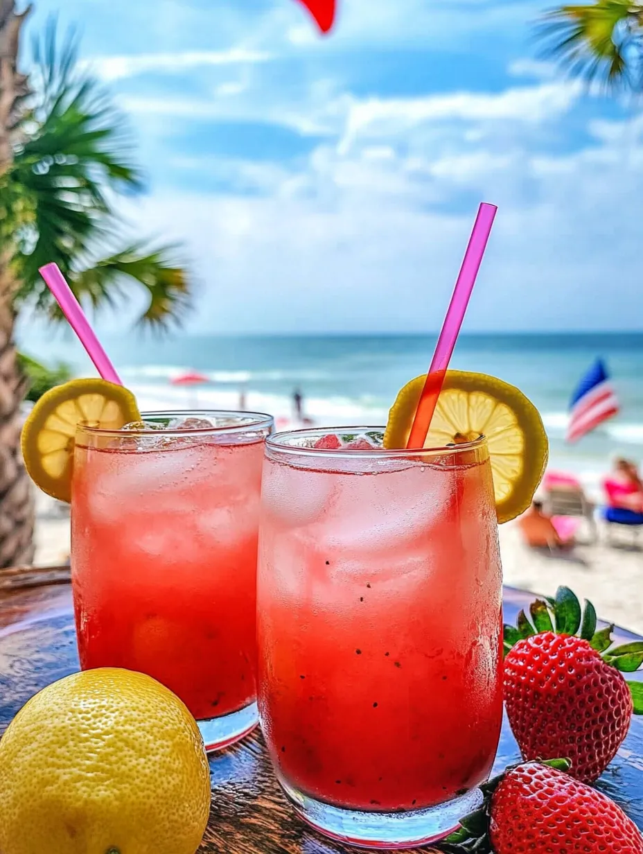 Frosty pink lemonade set in two glasses topped with strawberries and lemon wedges.
