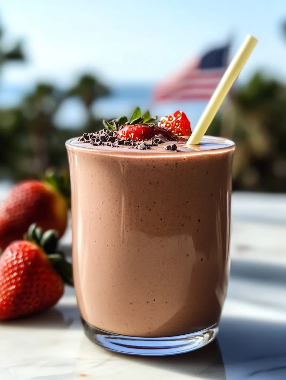Tall glass packed with chocolate milk and strawberries on top.