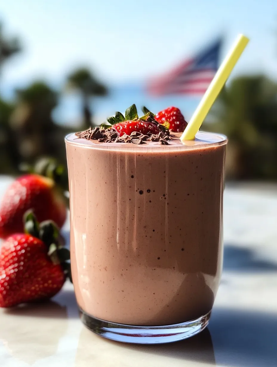 Tall glass packed with chocolate milk and strawberries on top.