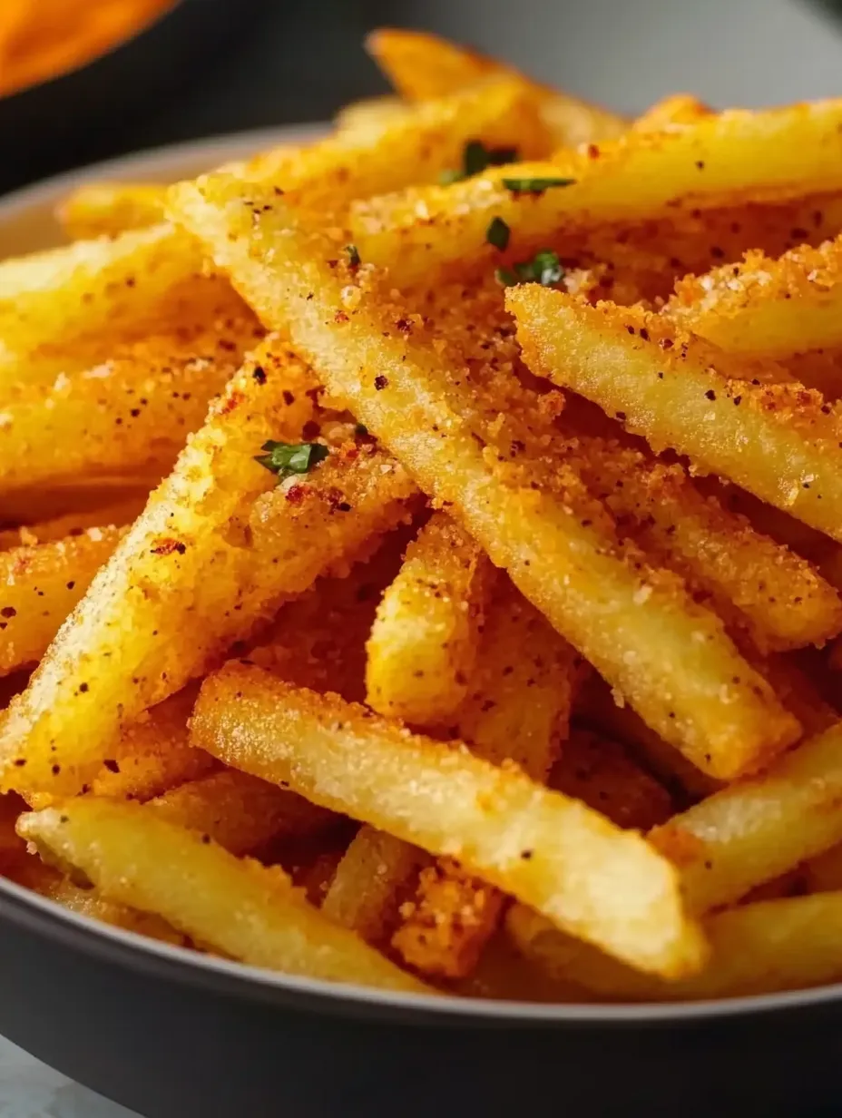Seasoned french fries heaped on a plate.