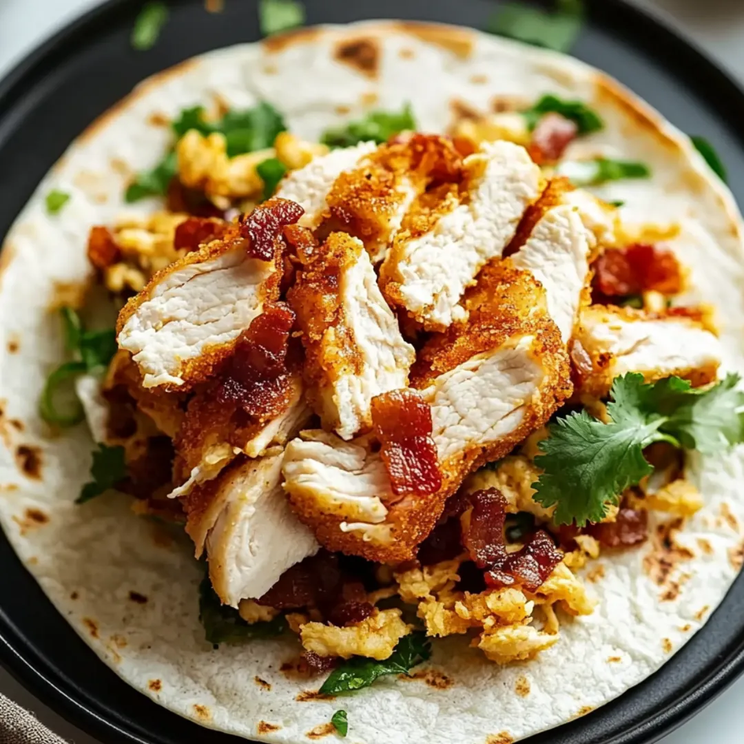A plate piled high with chicken and bacon.