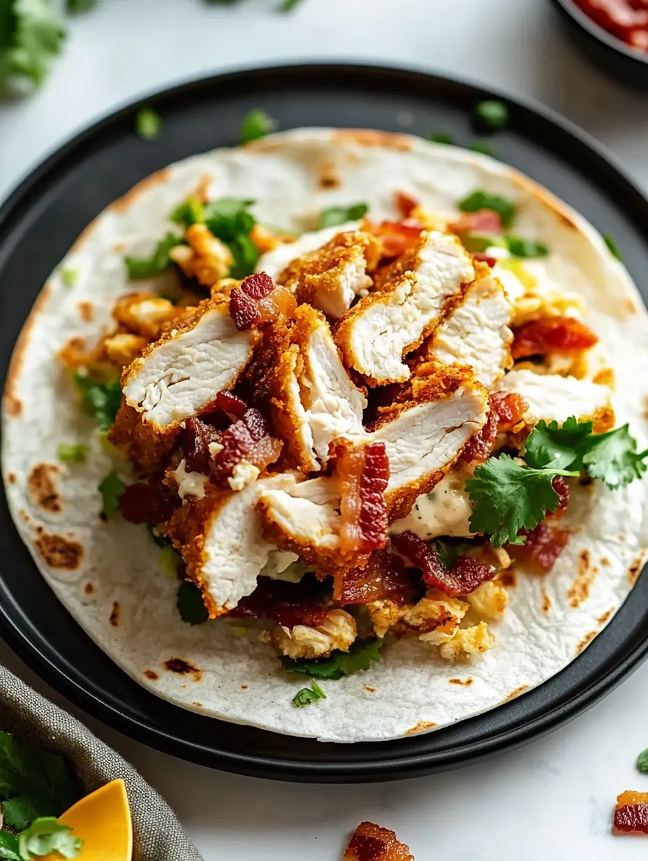 Big tortilla stacked high with chicken bacon fixings, ready to roll.