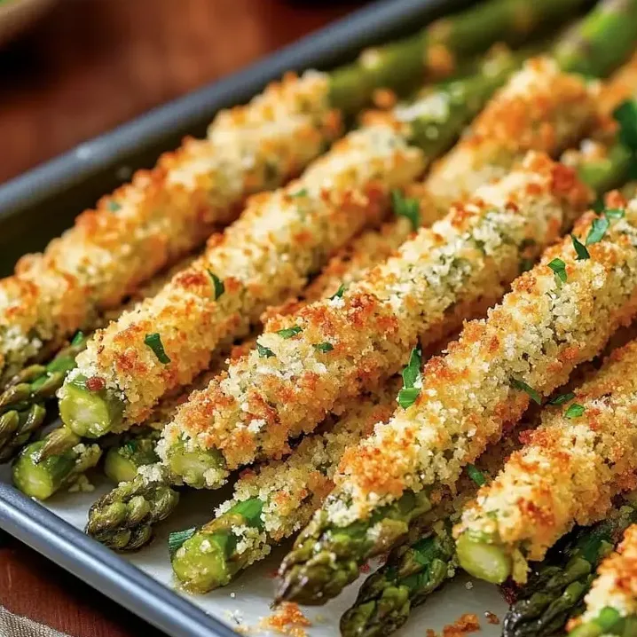 Tray loaded with asparagus sticks baked golden.