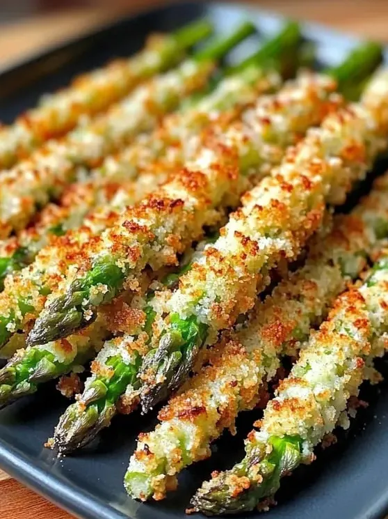 Plate topped with asparagus, cheese, and crunchy topping.