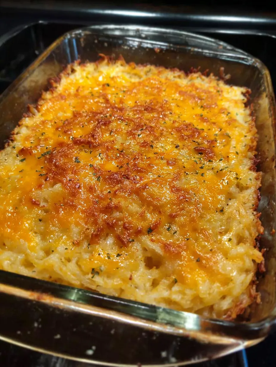 A pan filled with cheesy hash browns.