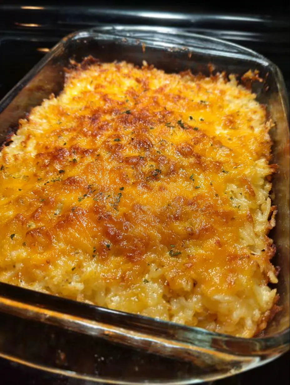 Cheesy potato dish sitting in a pan.