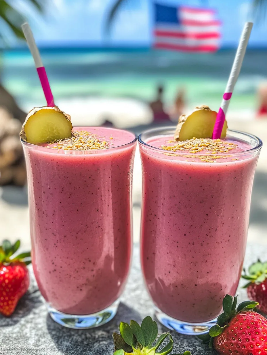 Two glasses filled with pink strawberry smoothies and fresh halves of strawberries.