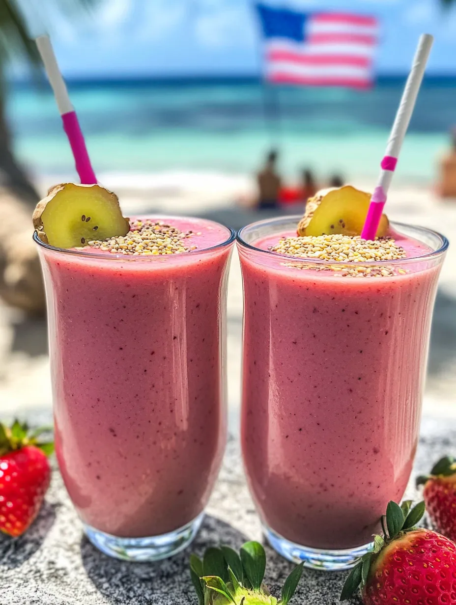 Strawberry smoothies in two glasses set on a table.
