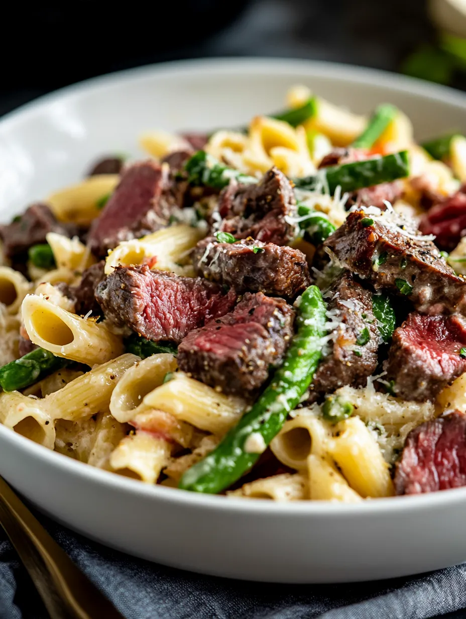 A bowl with pasta, steak, bacon, and bright asparagus.