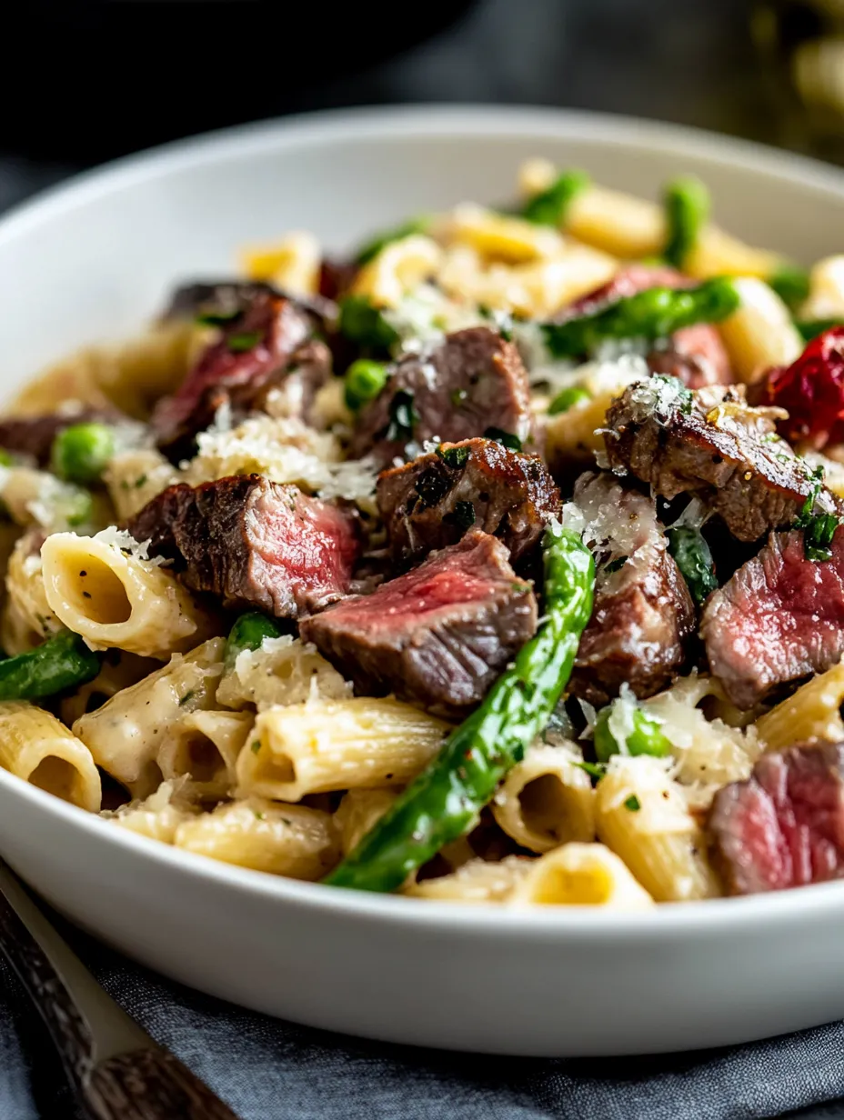 A bowl with pasta, steak, bacon, and bright asparagus.