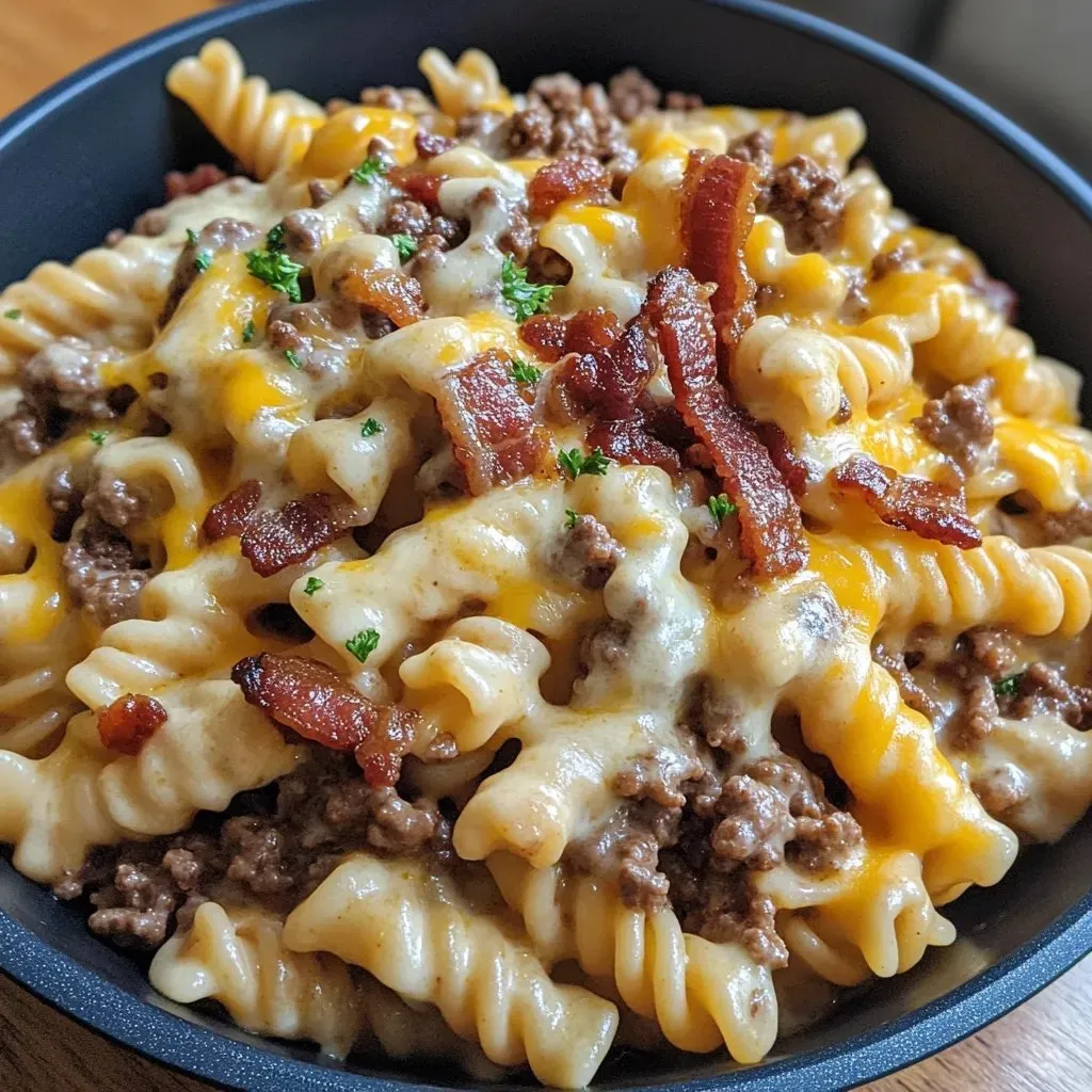 Bowl of cheesy beef and bacon pasta.