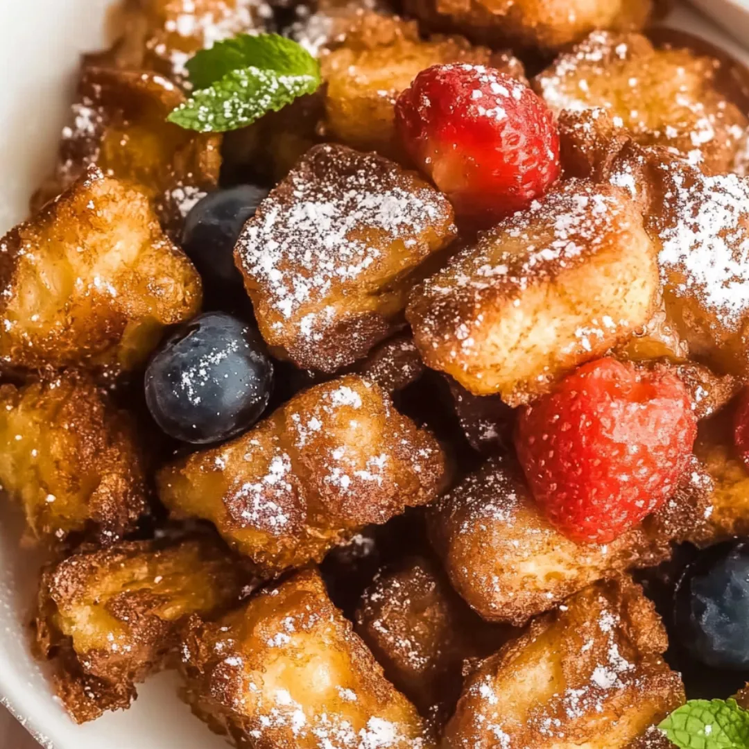 Bowl loaded with golden toast bites topped with fresh fruit.