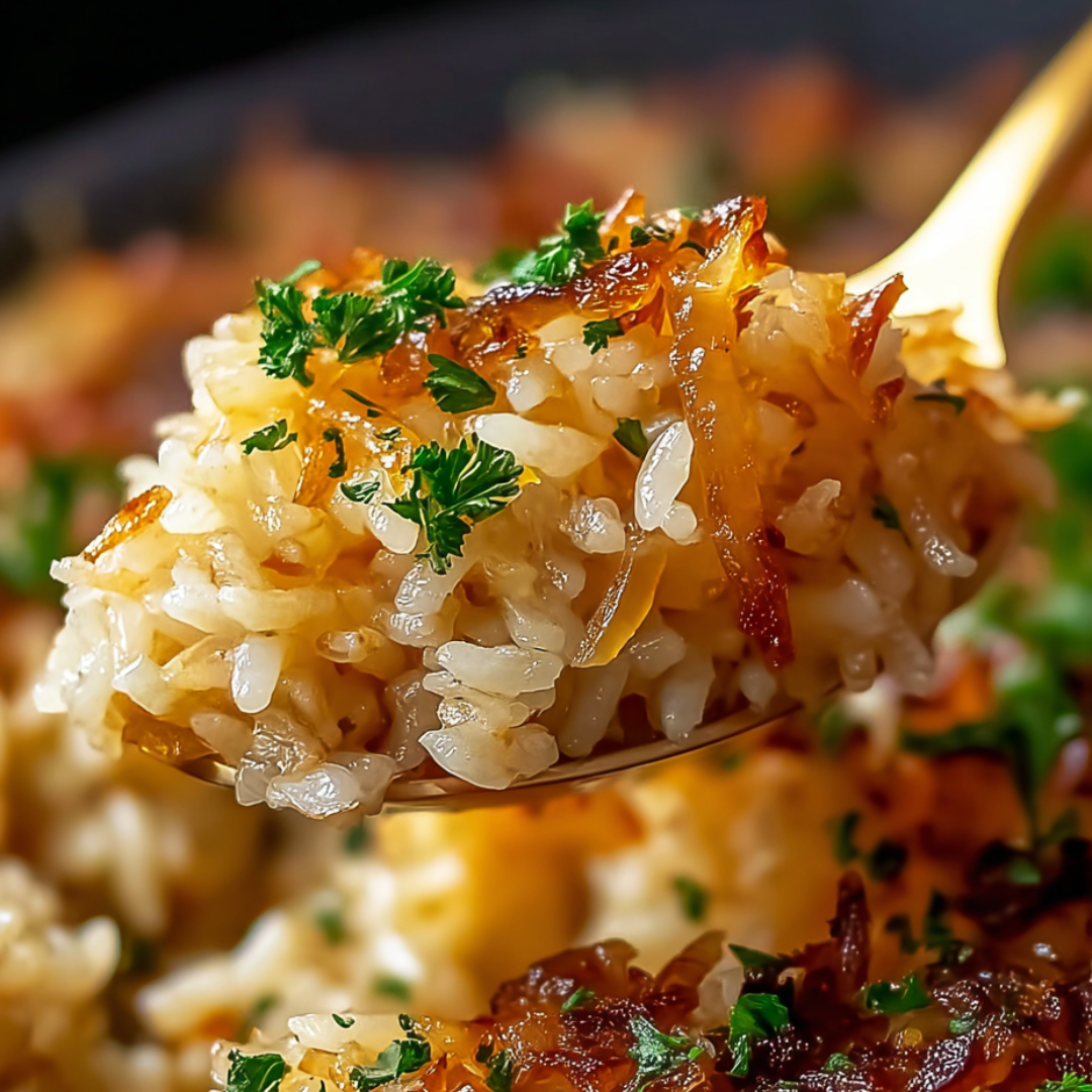 A spoon scooping up hearty rice.
