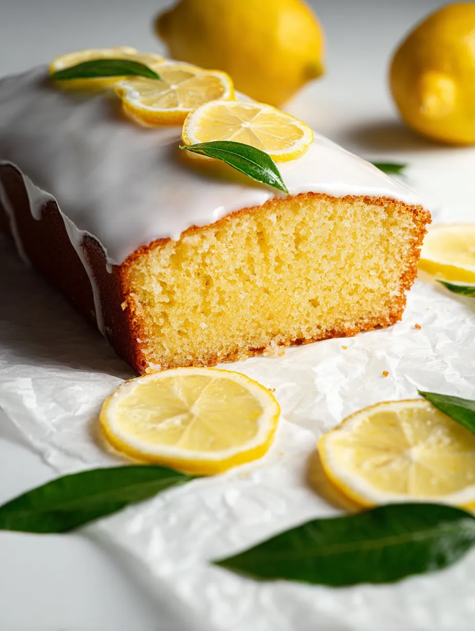 Slice of lemon cake with lemon slices sitting right on top.