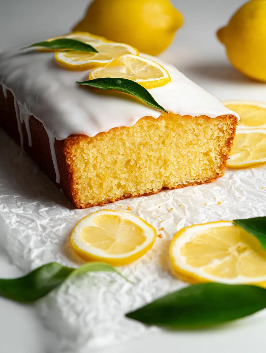 Slice of lemon cake with some lemon wedges sitting on top.