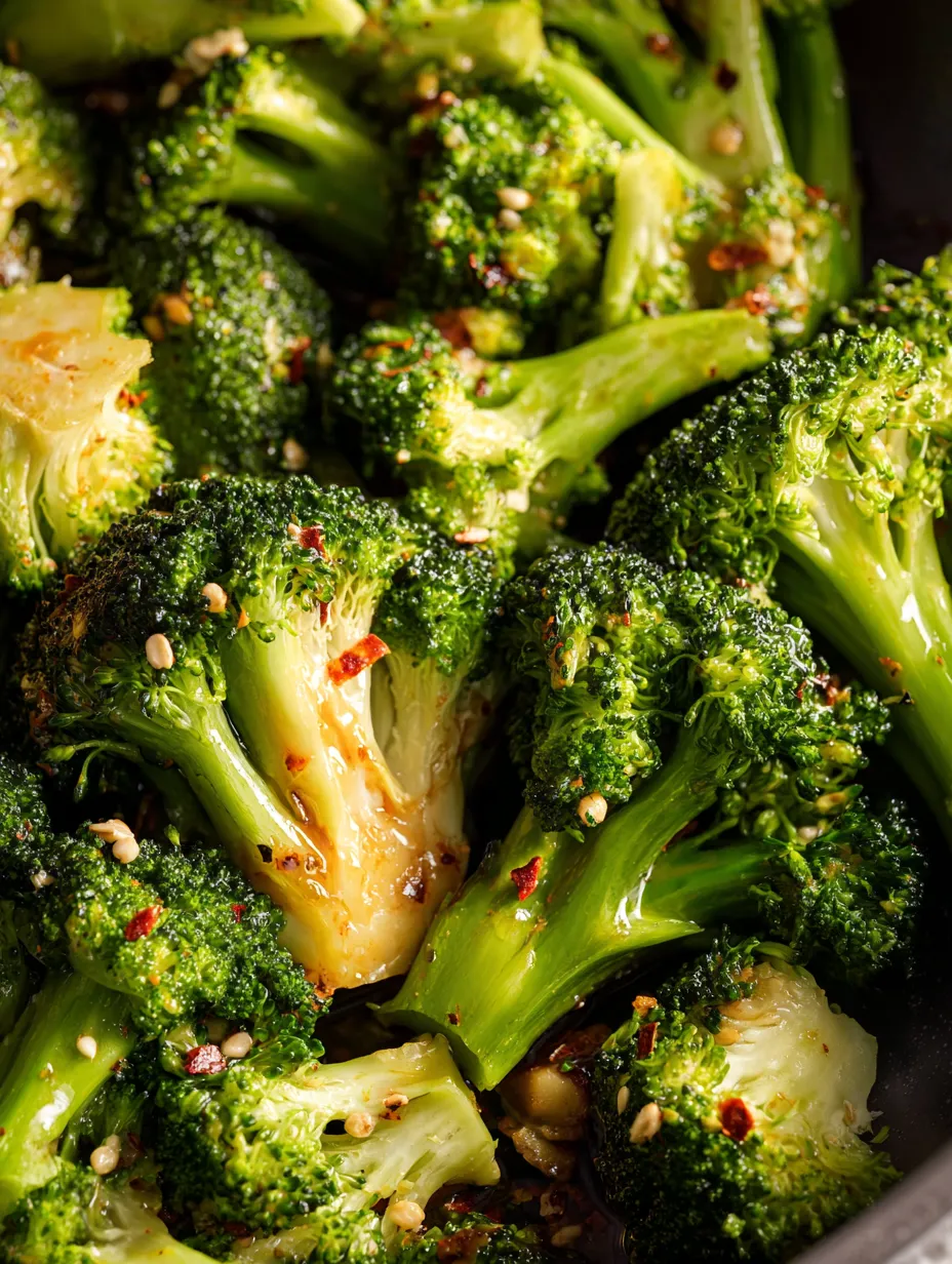 Close up of seasoned broccoli.