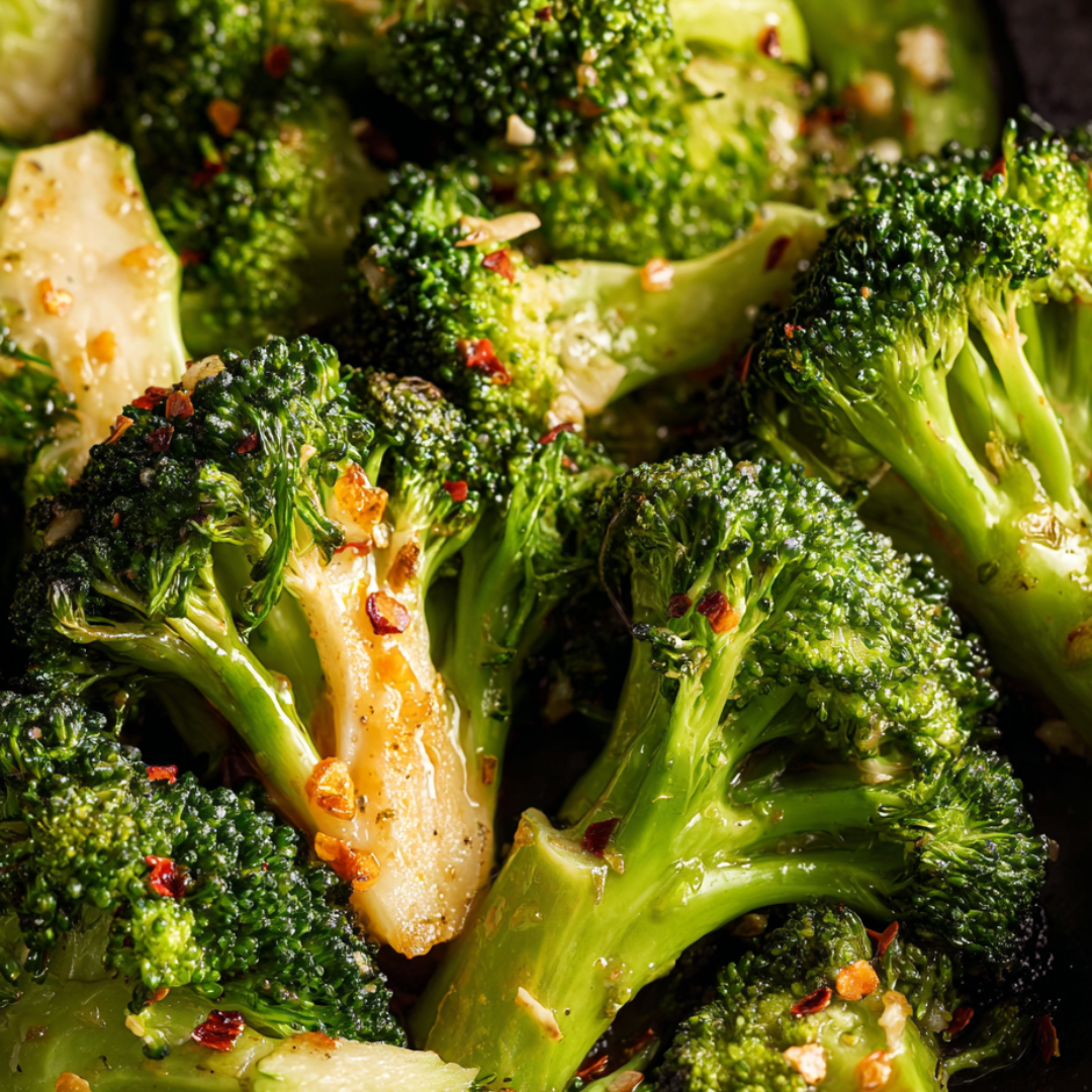 A close up of broccoli with seasoning.