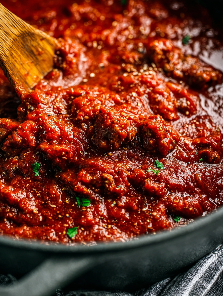Wooden spoon dipping in a pot of red sauce.