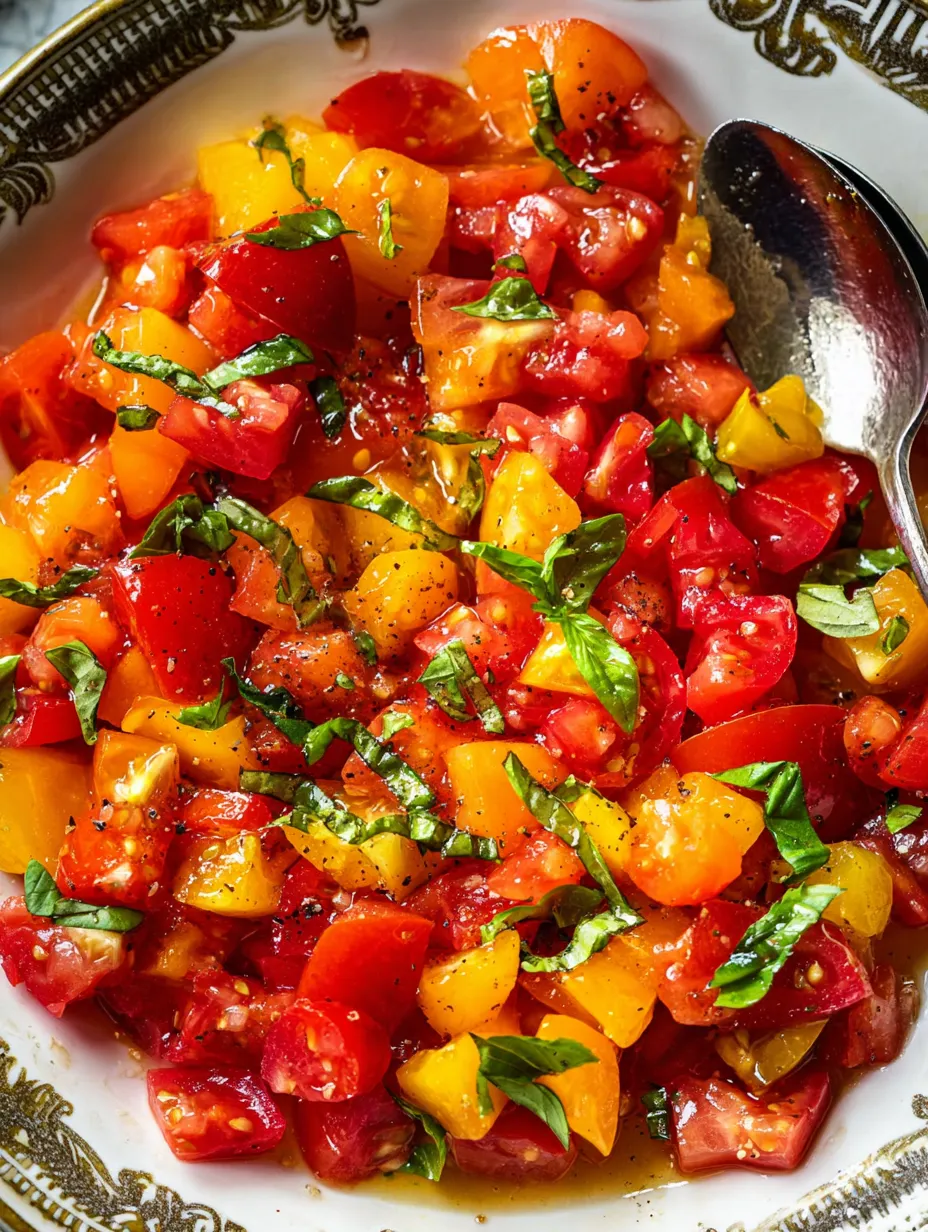 A bowl of juicy tomatoes and fresh basil leaves.