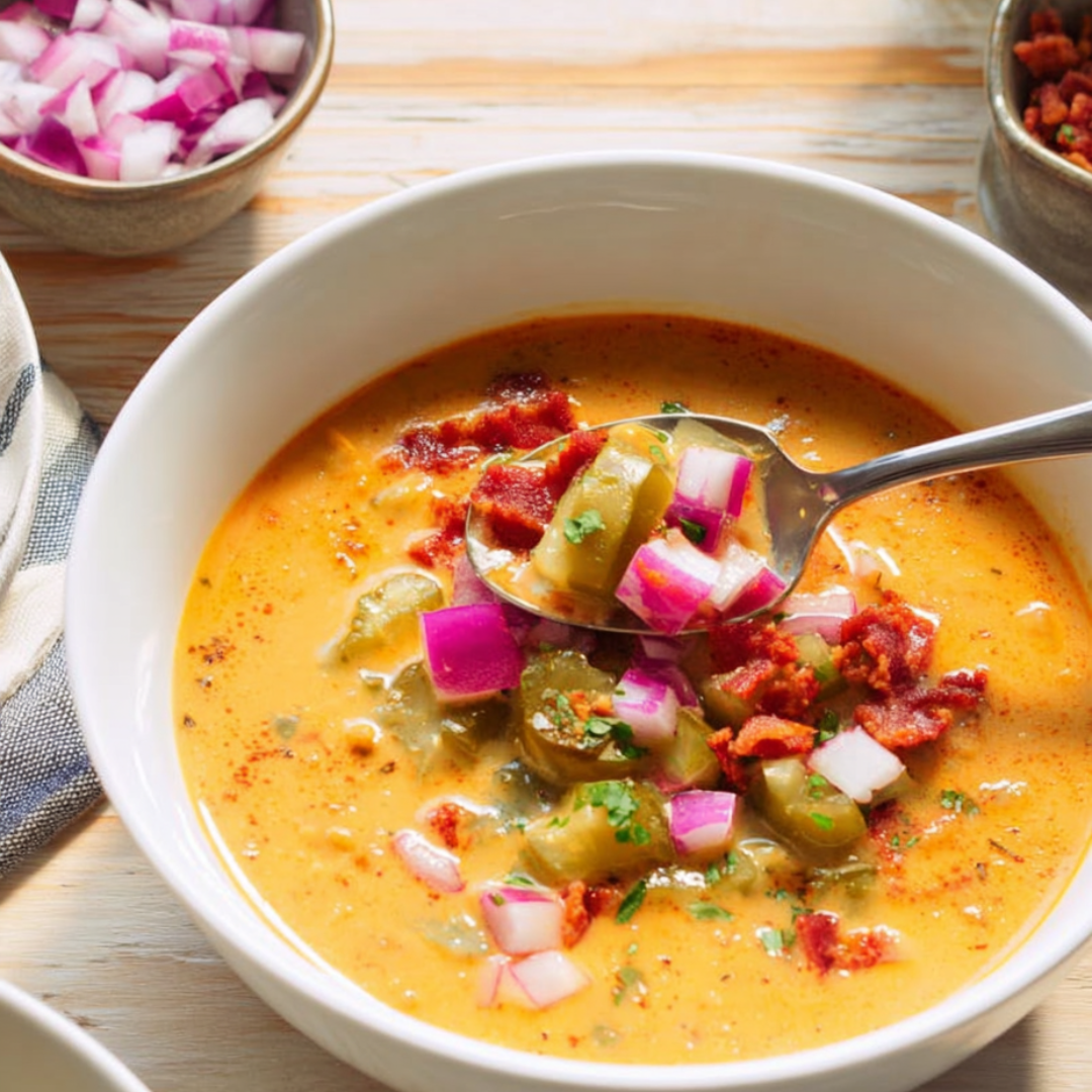 Bowl filled with soup and a spoon resting inside.