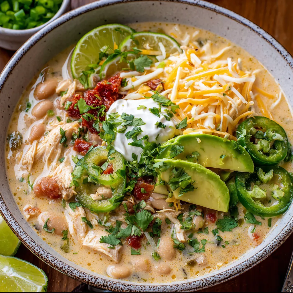 Hot bowl filled with chicken chunks, beans, with avocado piled on.