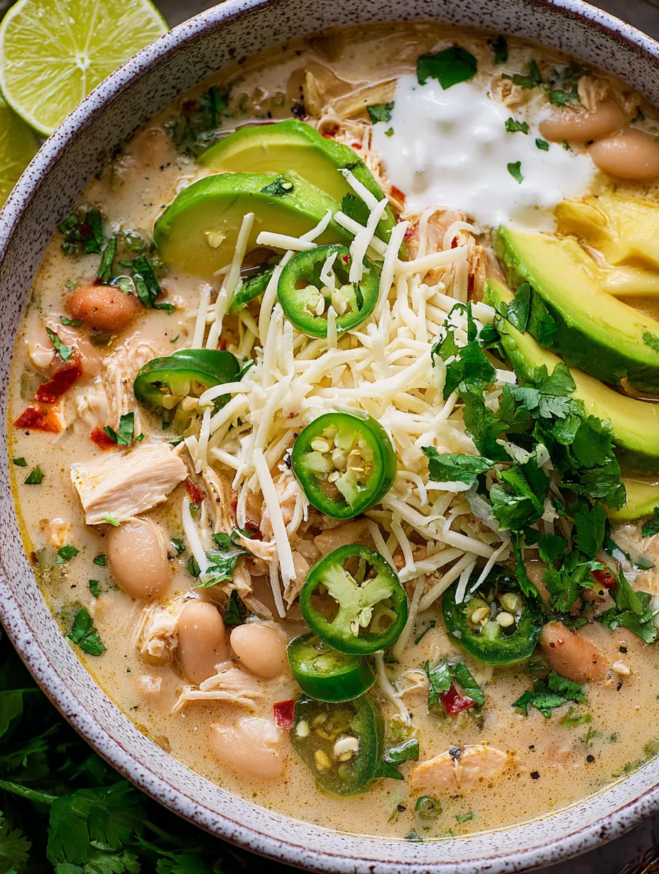 Steamy bowl of soup piled with chicken, beans, avocado and sliced jalapenos.