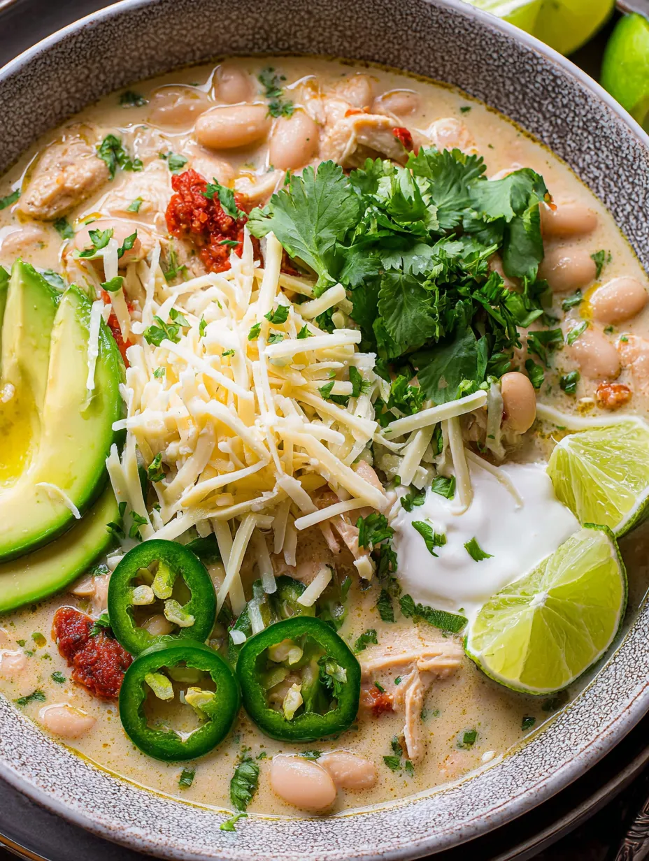 Deep bowl of soup filled with colorful peppers, chicken, and beans.