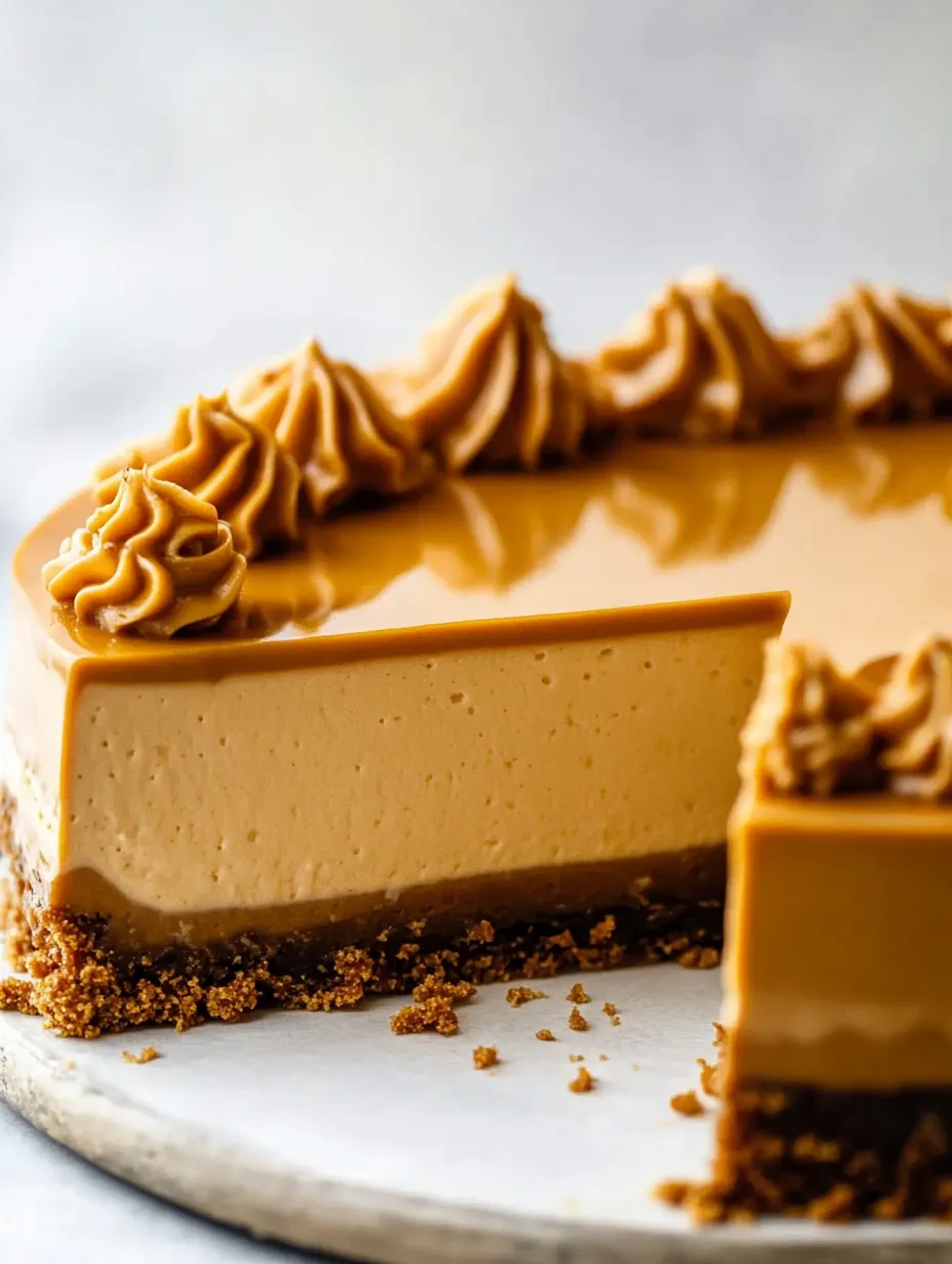 Slice with caramel drizzle streaming down golden cheesecake.
