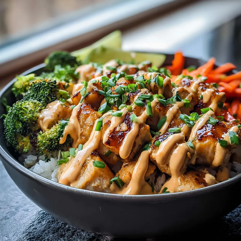 A bowl packed with rice, juicy meat, broccoli florets, and carrot slices.