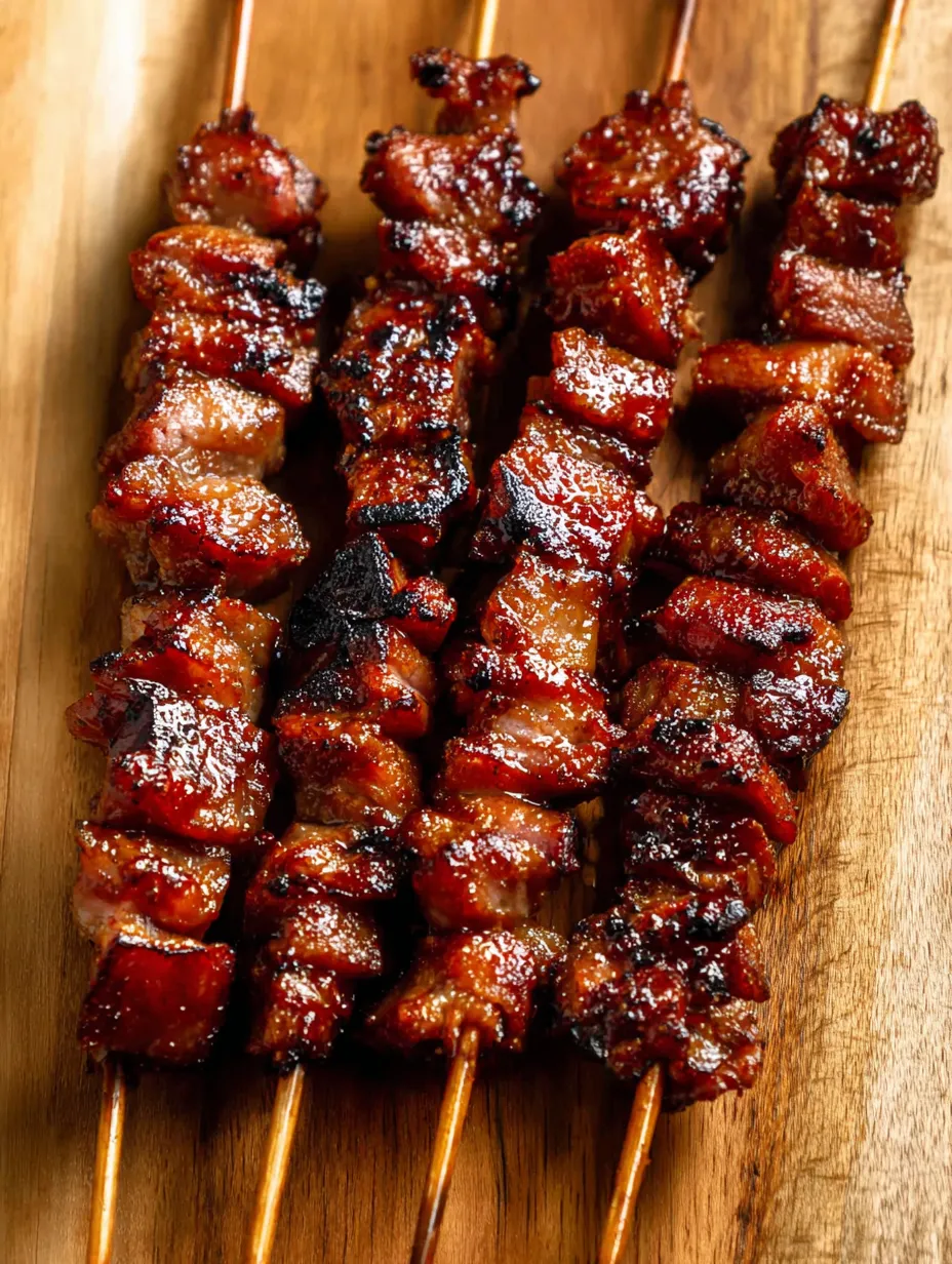 Big wooden platter loaded with shish kabob sticks.