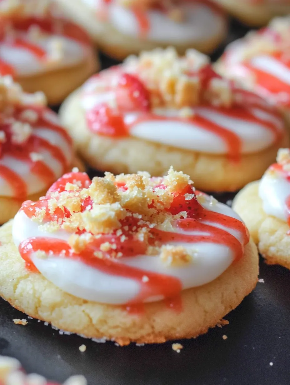 Frosted cookie with bright red sauce pooling on top.