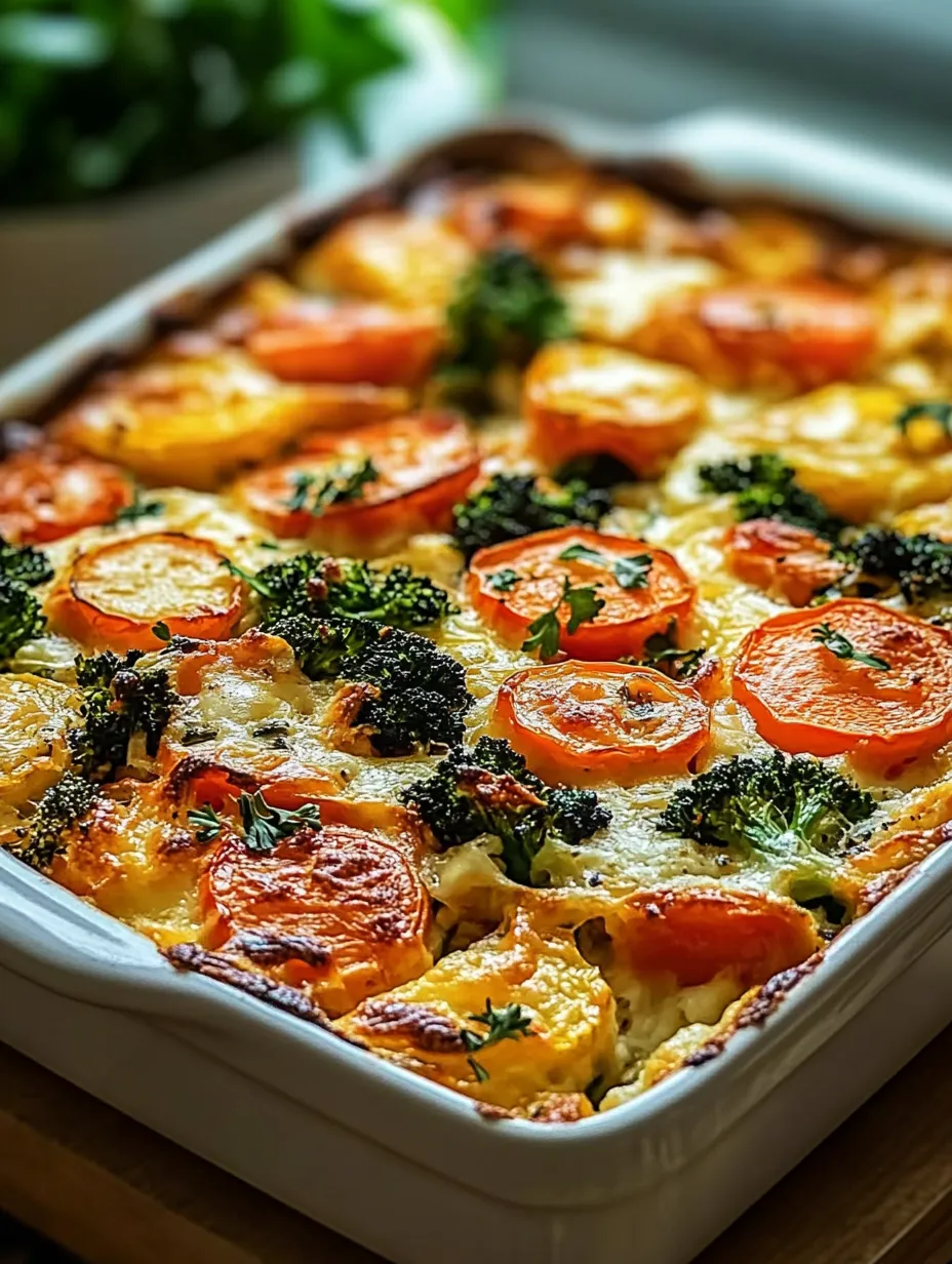 A plate of baked veggies and cheese with broccoli and carrots.