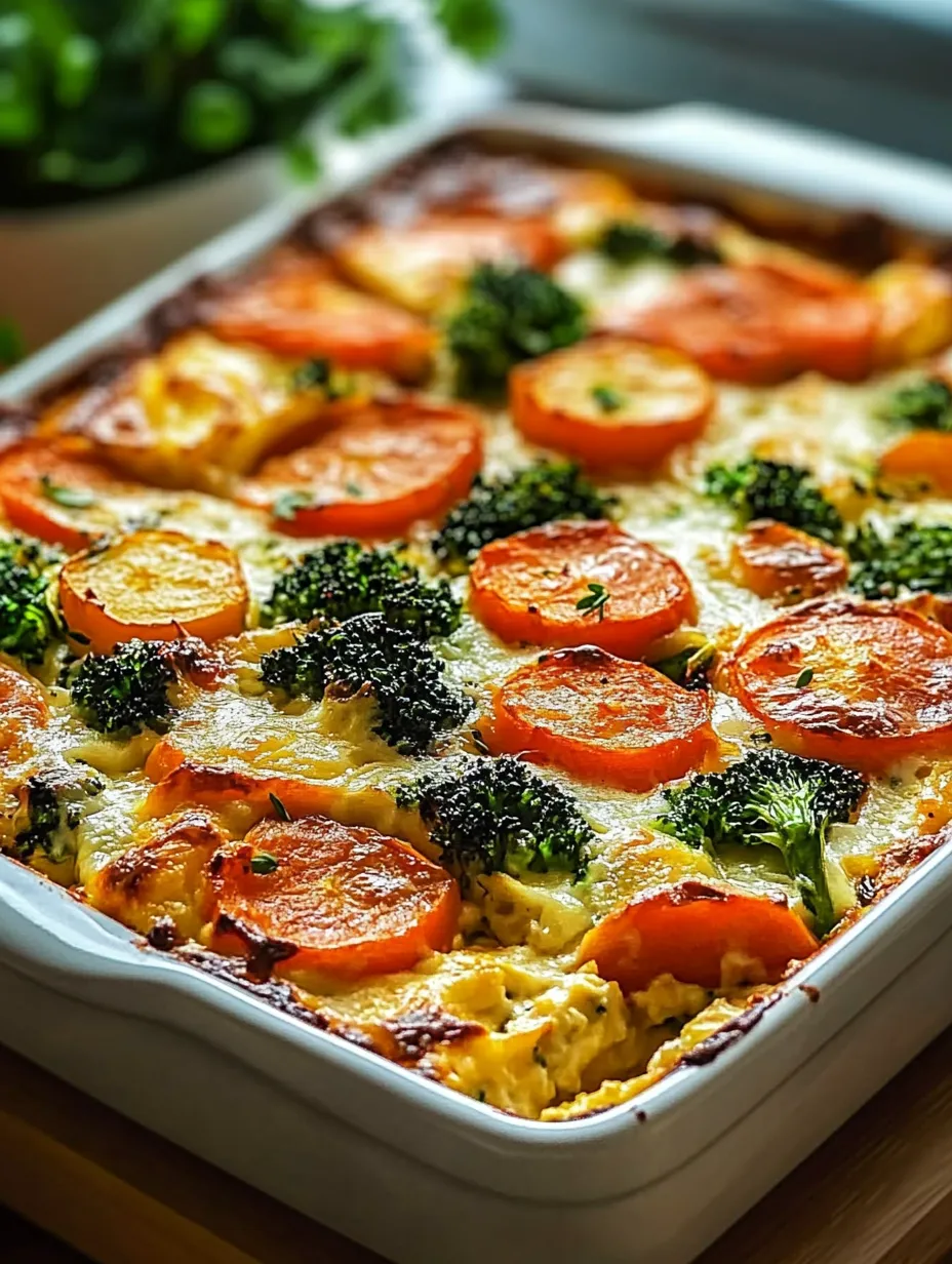Cheesy baked casserole loaded with broccoli and carrots.