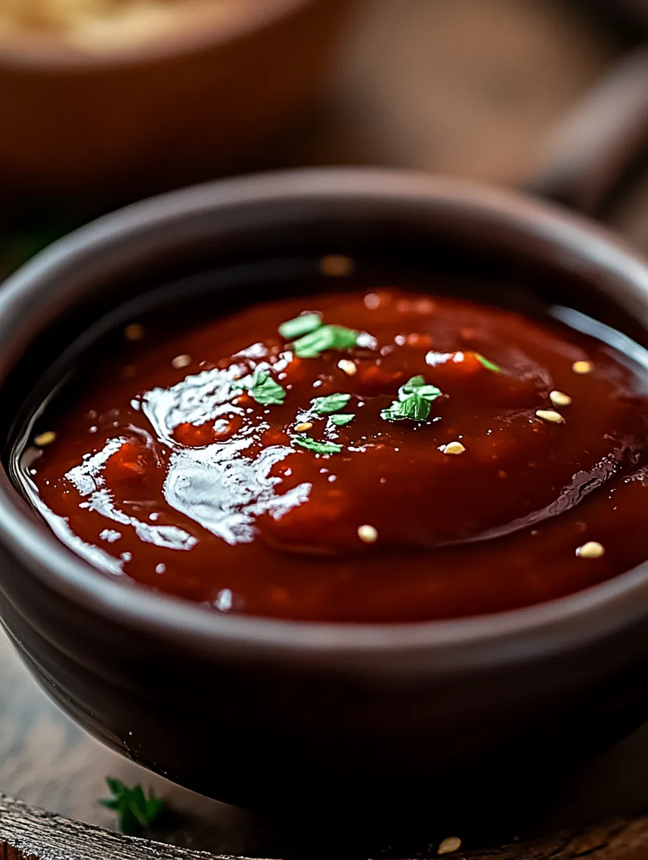 A bowl of sauce with fresh herbs scattered over the top.