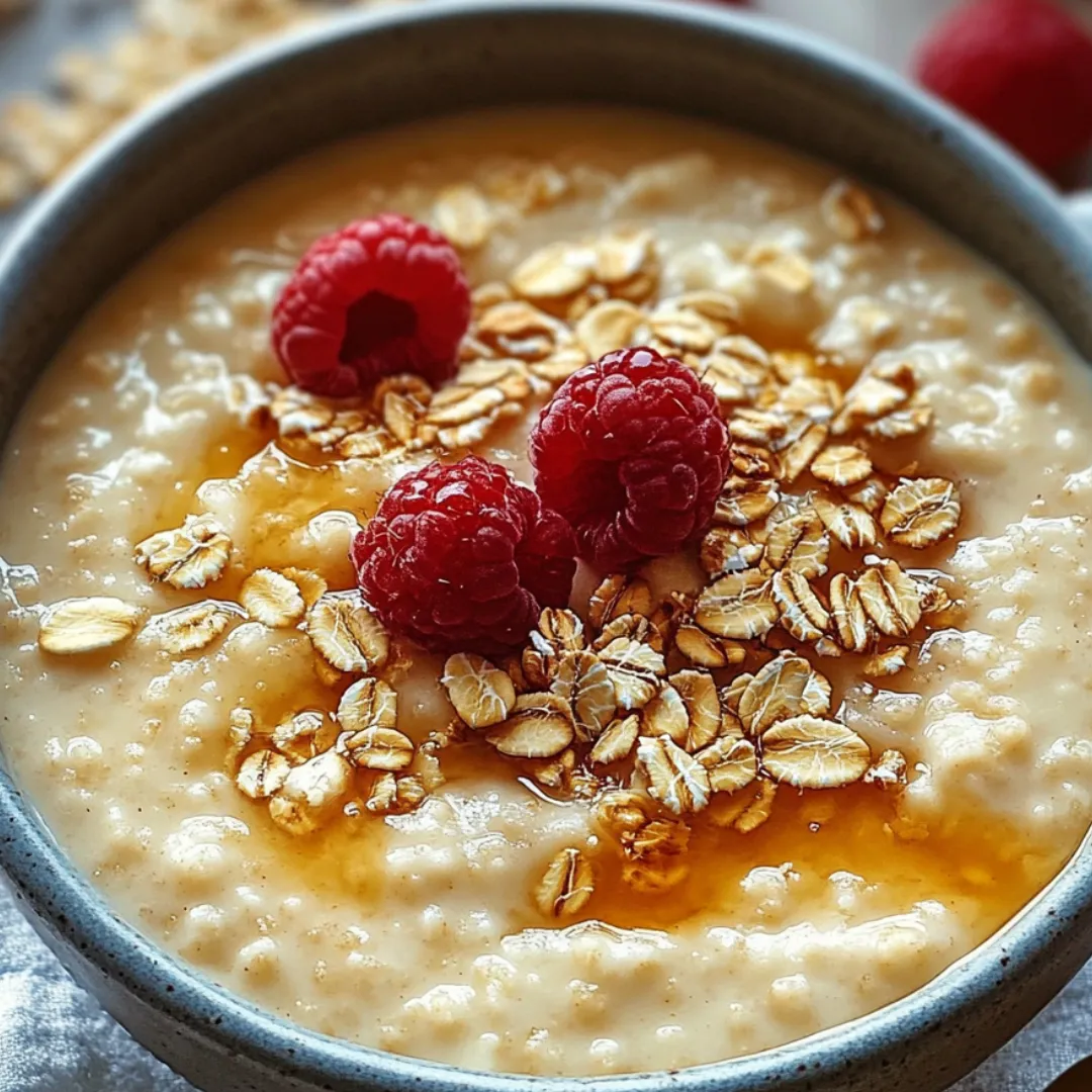 Oatmeal bowl topped with raspberries.