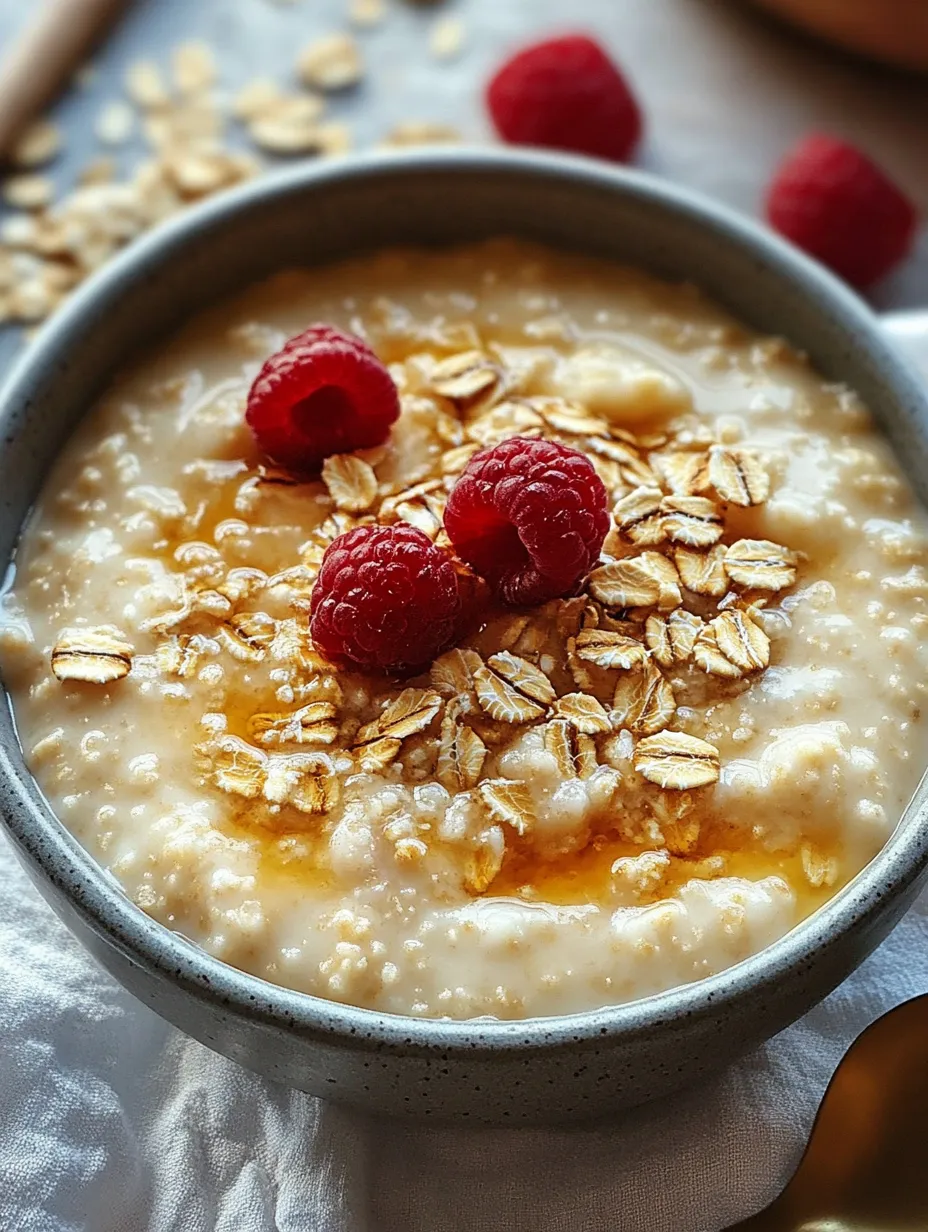 Bowl loaded with oatmeal and raspberries on top.