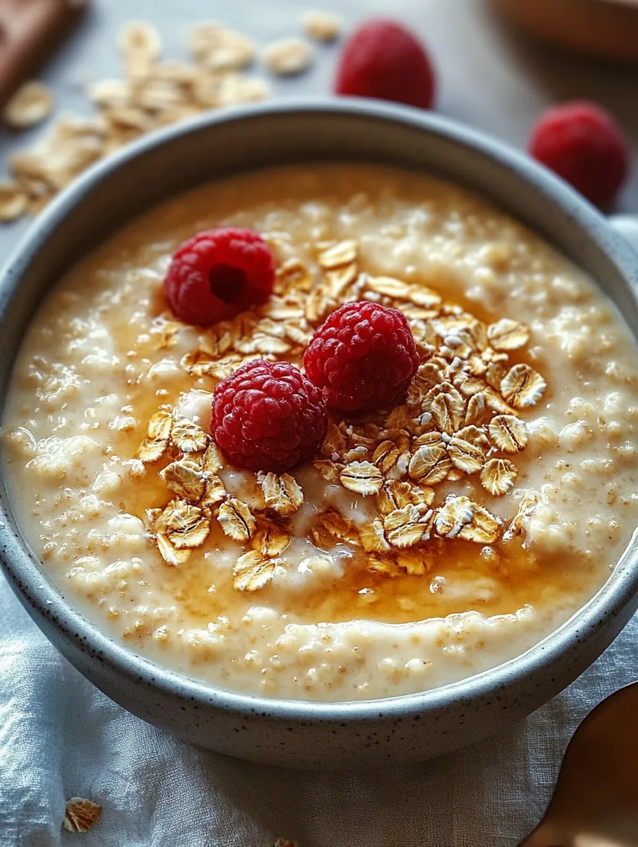 Bowl loaded with oatmeal and raspberries on top.