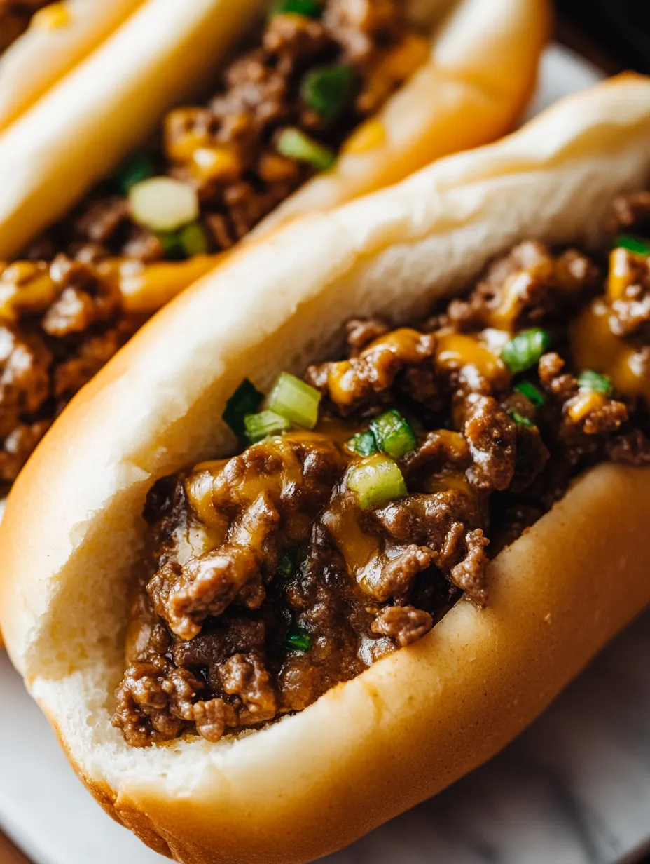 Two hot dogs loaded with savory beef and gooey cheese.